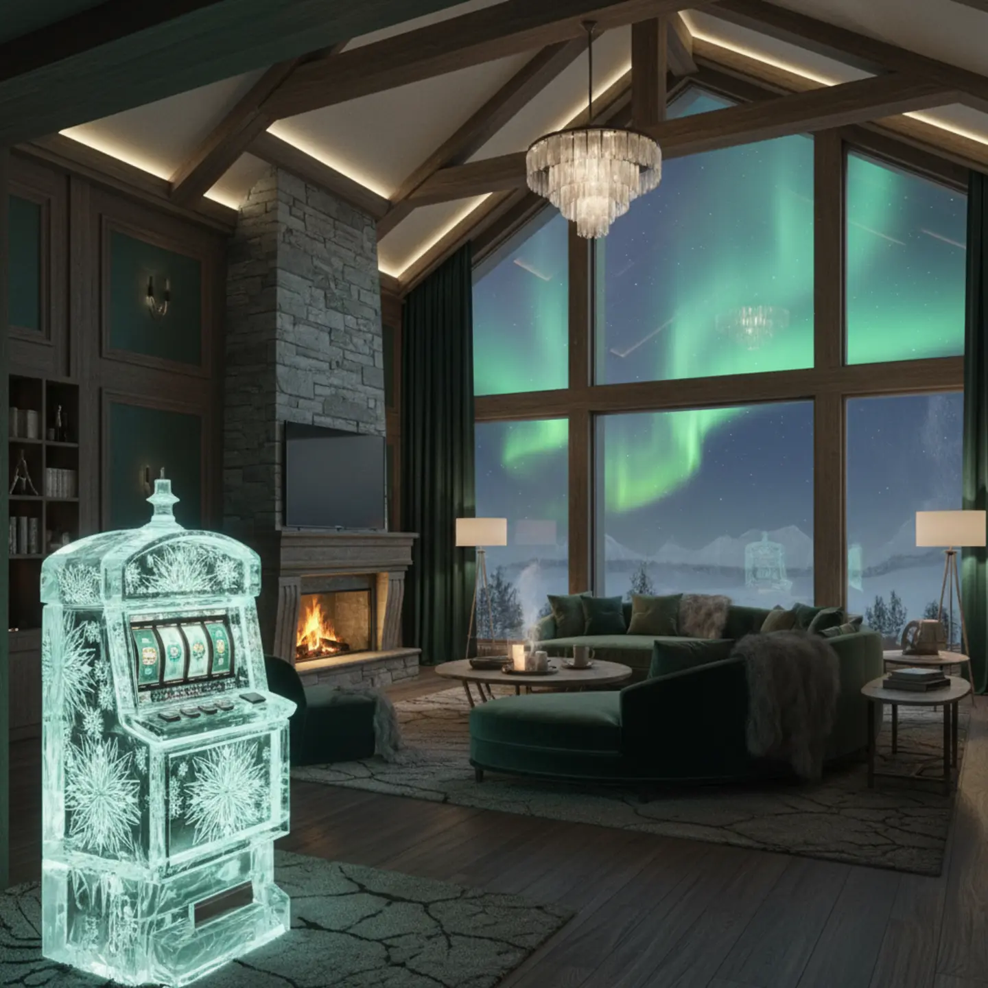A luxurious winter lodge overlooking a glowing social casino floor